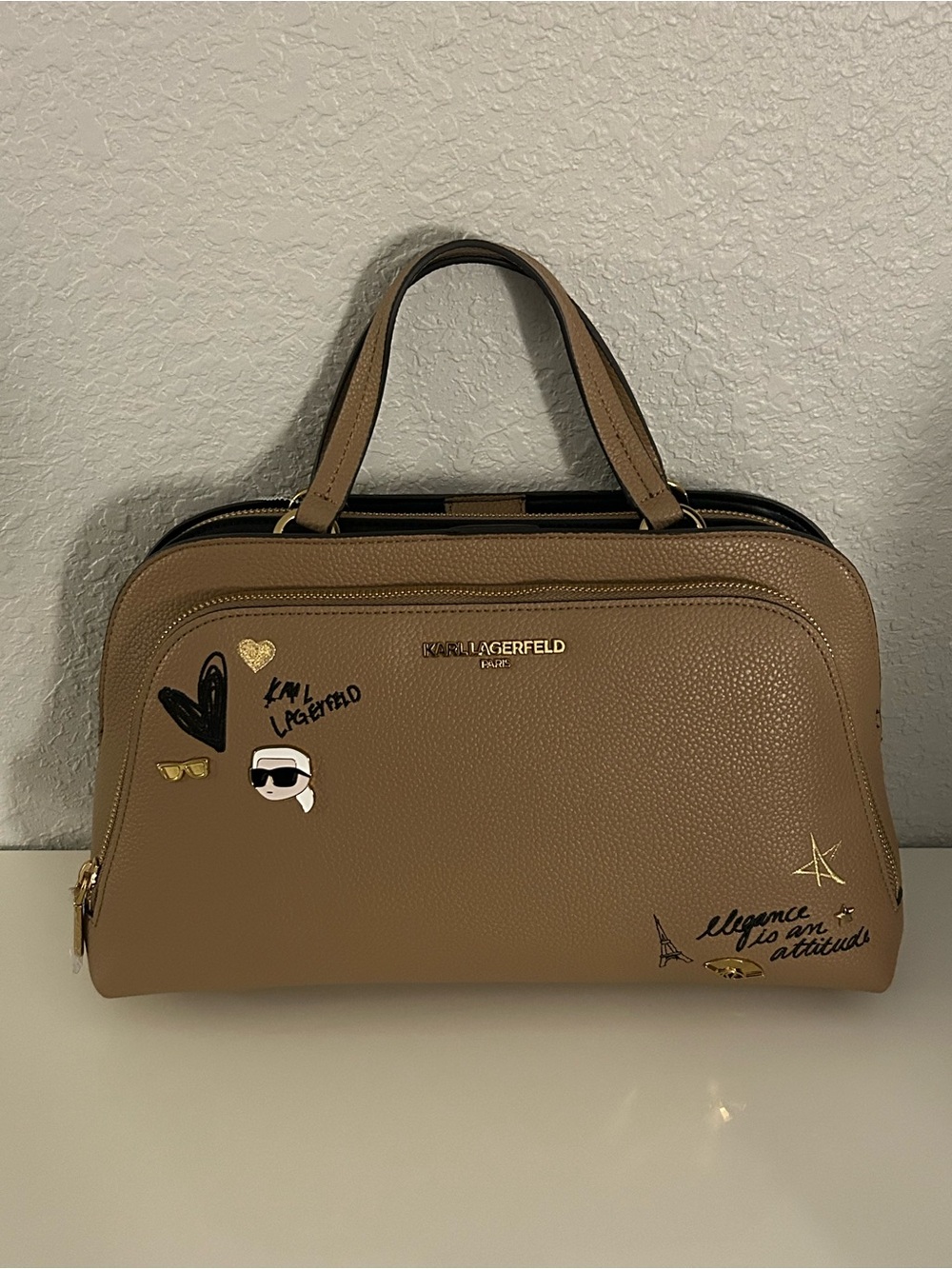 Karl Lagerfeld Brown Pebbled Leather Top-Handle Satchel with Graphic Accents